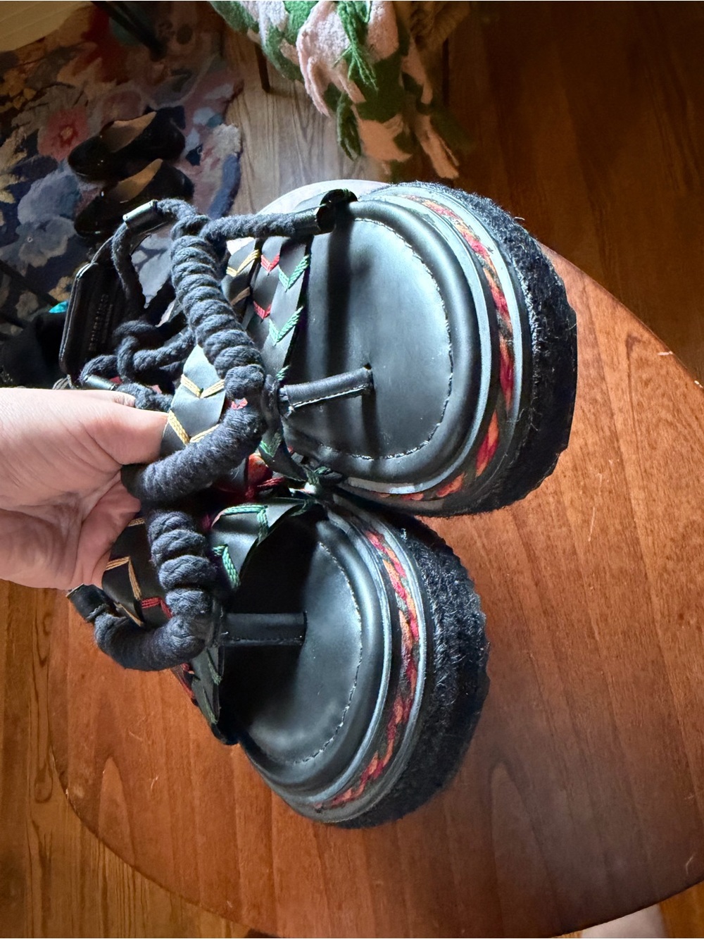 FARM Rio Black Rope Lace Sandals with Multicolor Stitching - Picture 3 of 6
